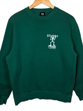 Stussy Tribe Graphic Crewneck Sweatshirt Green Logo Streetwear Size S